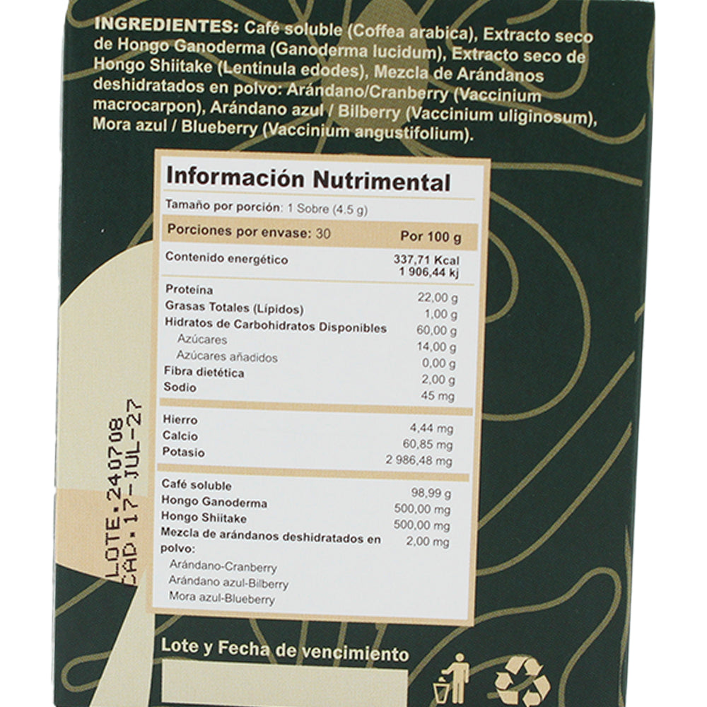 CAFÉ SOLUBRE CON GANODERMA, SHITAKE, ARÁNDANOS Y MORA AZUL 30 SOBRES