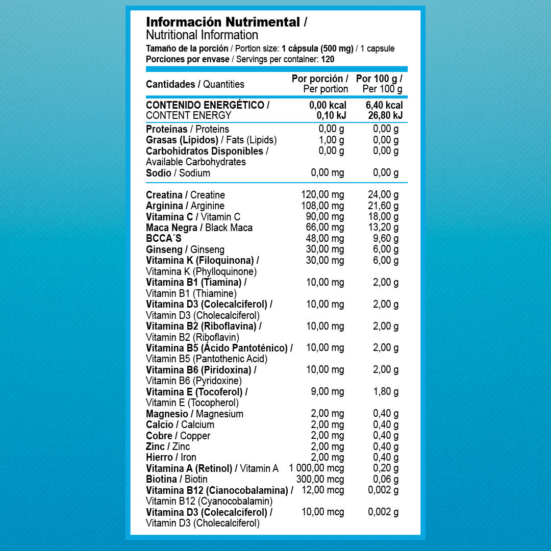 VITA RX MENS 500MG CON CREATINA, ARGININA, BCAAS, MACA NEGRA, VITAMINAS Y MINERALES