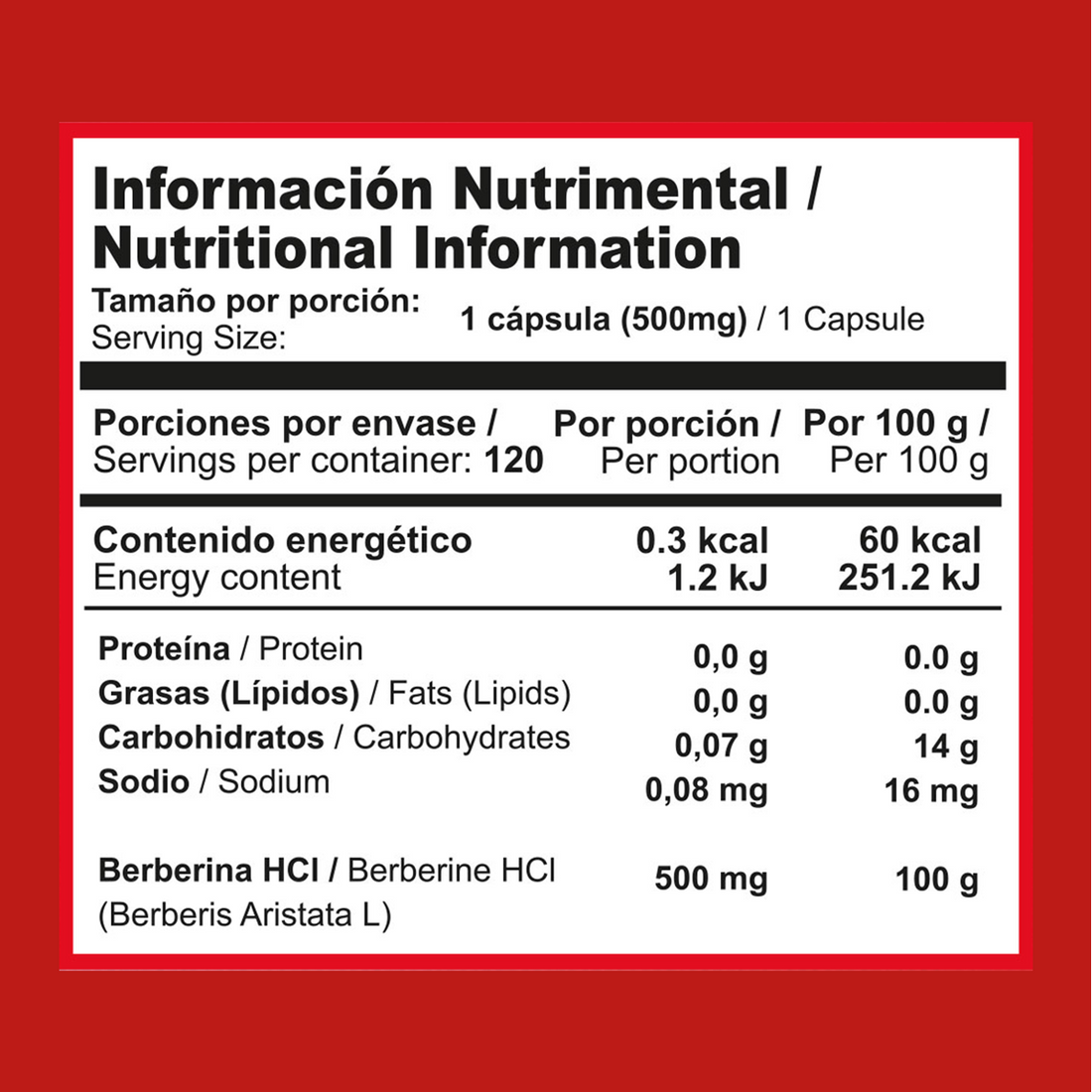 Berberina 500 mg | 120 Cápsulas