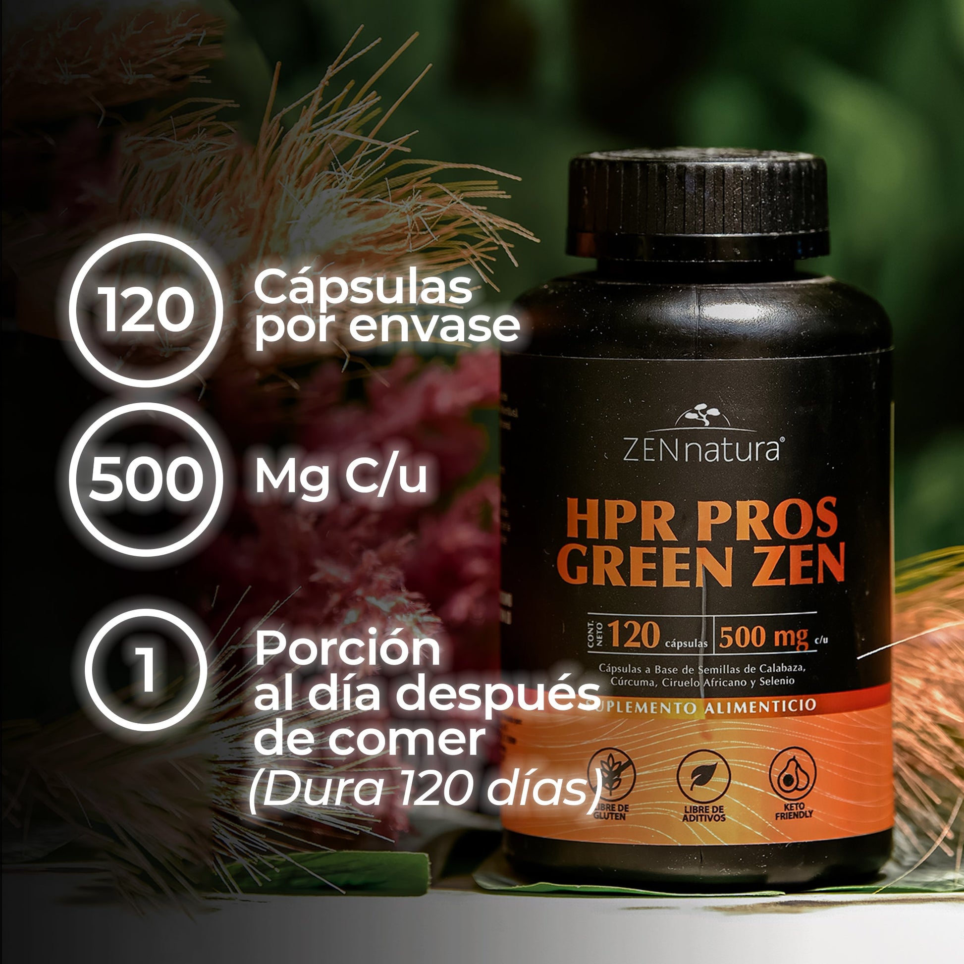 CÚRCUMA, SEMILLA DE CALABAZA, ARÁNANDO Y ZINC 500MG | HPR PROS GREEN - ZenNaturaMX