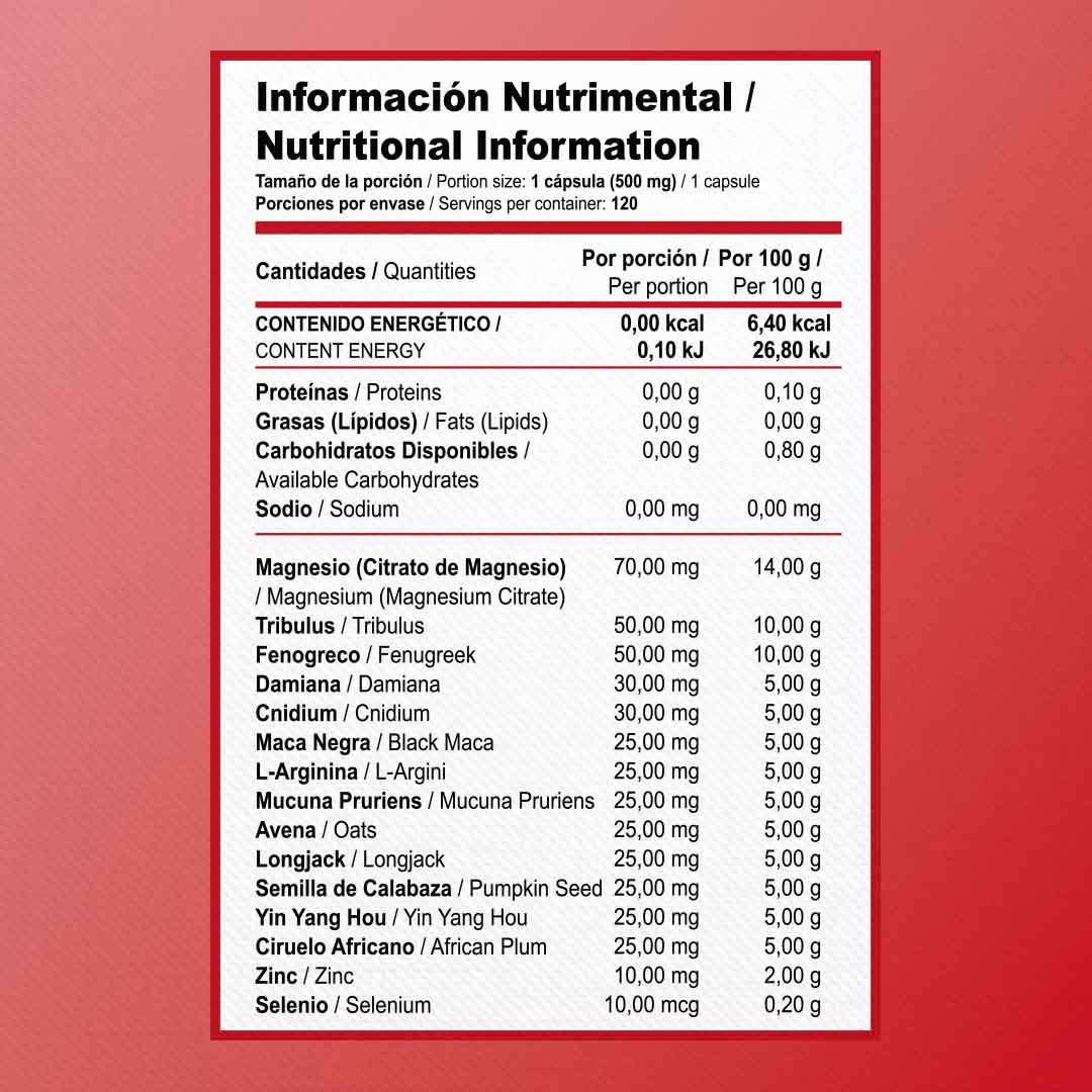 VITA RX TESTO 500MG CON MAGNESIO, TRIBULUS, LONG JACK, FENOGRECO, MACA NEGRA, DAMIANA, SEMILLA DE CALABAZA, YIN YANG HOU, L-ARGININA, ZINC, SELENIO Y CIRUELO AFRICANO